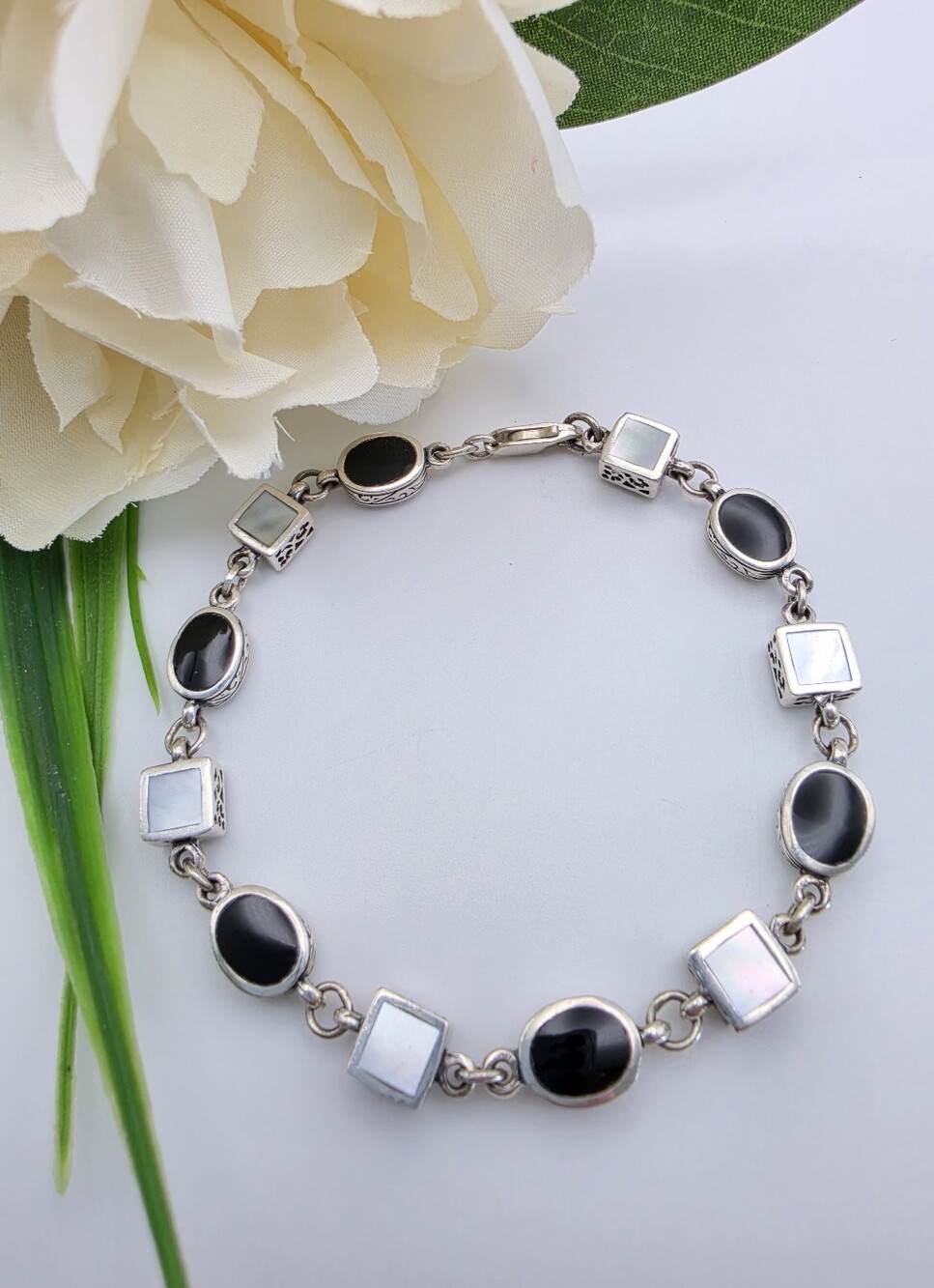 Sterling Silver Vintage MOP & Black Stone Link Bracelet